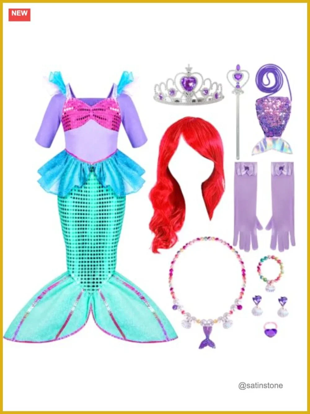 Girls Sequin Mermaid Costume Dress Set with Wig and Accessories Halloween